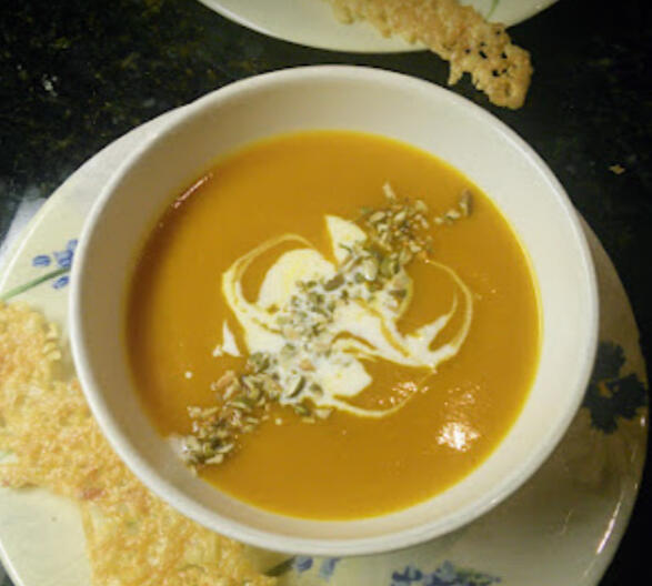 Spiced Pumpkin Soup with Toasted Pistachios and Crema. + Cheese Tuile
